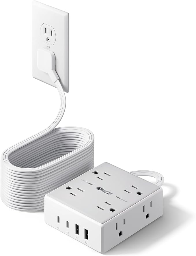 SUPERDANNY Extension Cord,Flat Plug Surge Protector Power Strip,20Ft | 8 AC & 4 USB Ports (2 USB C),Surge Protector with 1050J,Desk Charging Station for Home Office,College Dorm Room Essentials