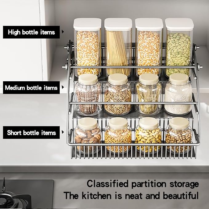 3-Tier Pull Down Spice Rack Organizer for Inside Cabinet Pantry Expandable Display Riser Shelf Kitchen Seasoning Shelf(27.5cm/10.8in)