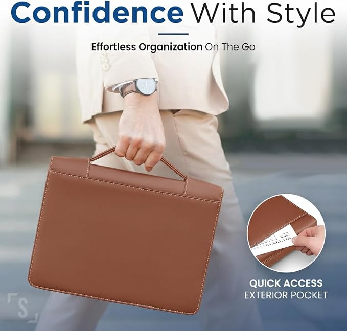 STYLIO Tan Zipper Padfolio Portfolio Binder w/Carrying Handle | Organizer for Documents, iPad, Tablet, Notebook | Business Leather Binder for Men Women (No 3-Ring Binder)