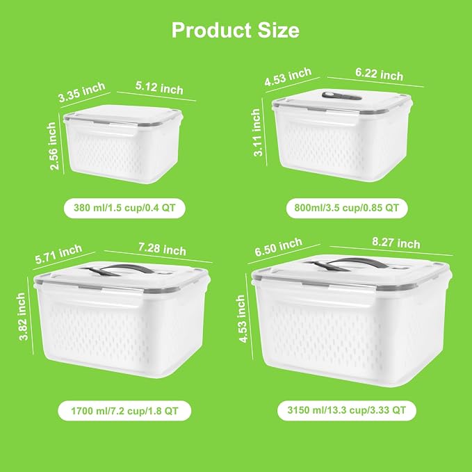 4 Pack Fridge Fruit Storage Containers with Colander, Vent and Handle | BPA Free Plastic, Airtight Stackable Refrigerator Organizer Bins for Berry, Meat, Vegetable