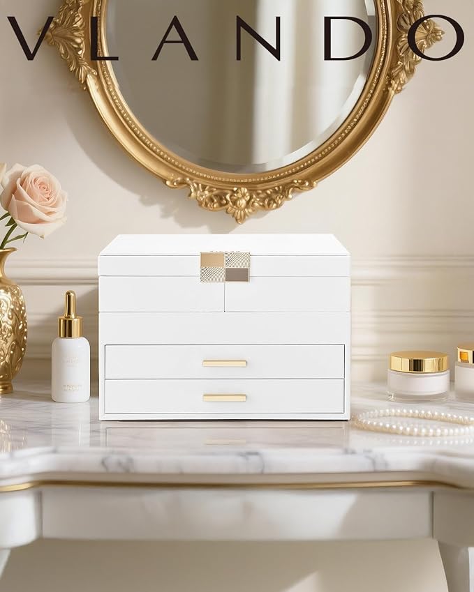VLANDO 4 Layers Jewelry Box - Women Jewelry Box with Retractable Tray - Jewelry Organizer with Drawer for Necklaces, Rings, Bracelets, Earrings, Gift for Couples Mom Girls - White