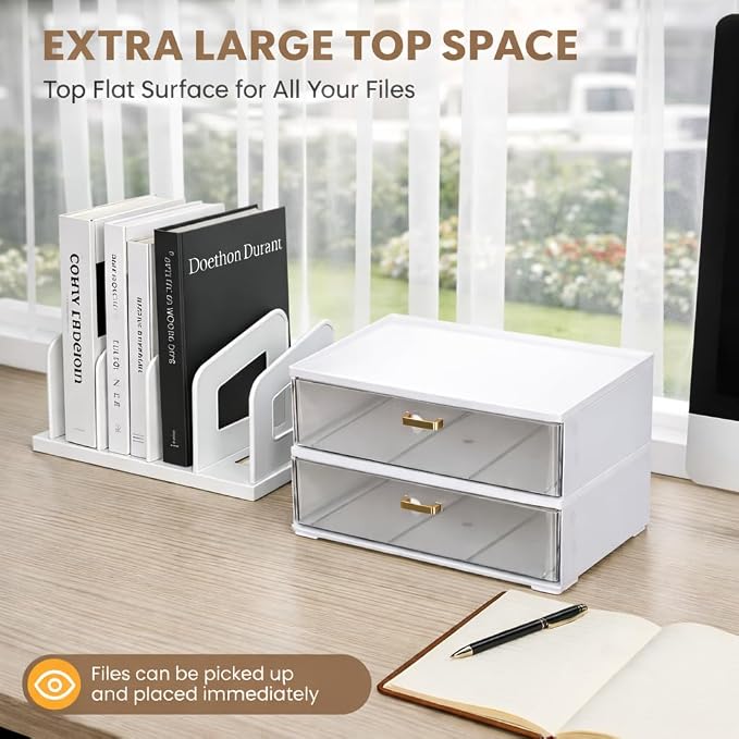 LALOBLUE Acrylic Desk Organizer with Drawer and Vertical File Holder, Desk Organizers and Accessories, Multi-Functional Office Supplies Organizer for Home or Work Desk, White