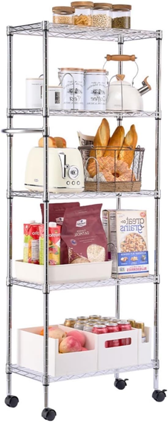 GarveeHome 5-Tier Storage Shelving Unit Metal Shelves with Wheels, for Home Kitchen Garage, Easy Assembly, Silver