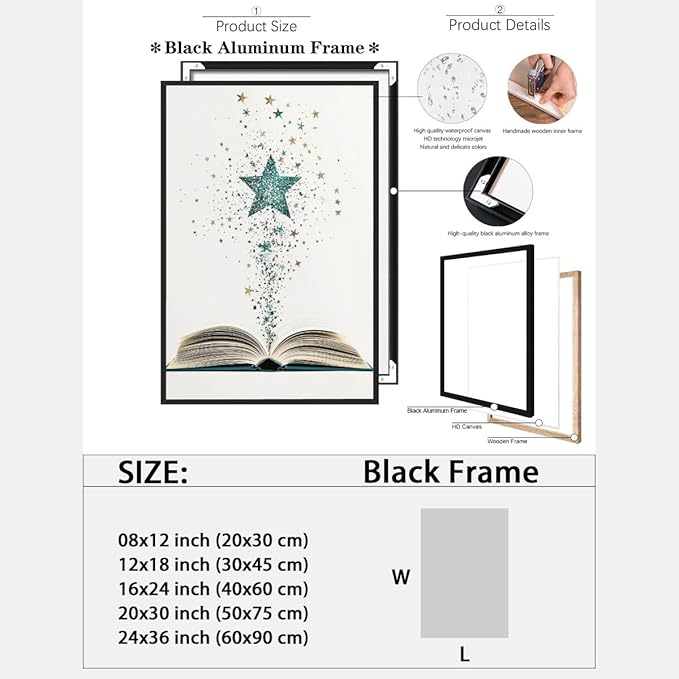 Magical Book Bookish Star Art Aesthetic Poster Canvas Wall Art Decoration Living Room Home Decor Bedroom Decoration Poster black framed20x30inch