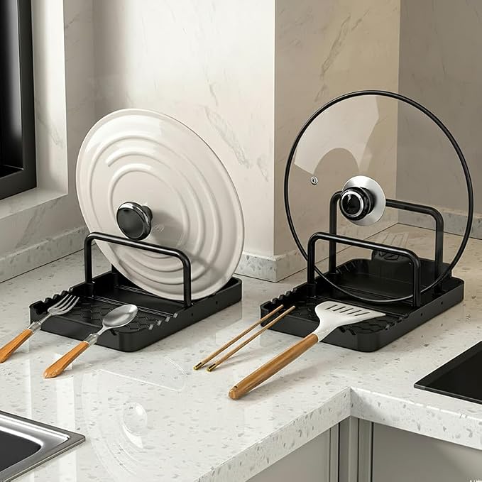 MiOYOOW Pot Lid Holder, Chopping Board Rack with Spoon Rest Non-Slip Pan Organiser for Baking Tray Cookware Kitchen Barbecue