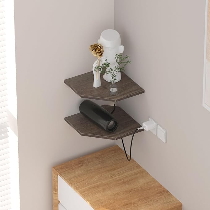 JJL Corner Shelf, 12 Inch Corner Shelf Wall Mounted with Wire Hole, 2 Tier 13.3 Inch Deep Wooden Corner Hanging Shelves for Wall Storage, for Speaker, Cable Box, Grey