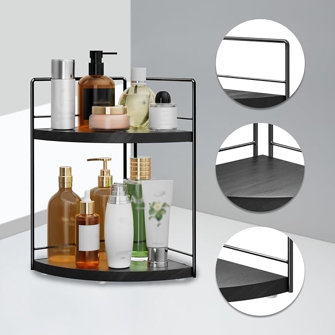 2 Pack Bathroom Counter Organizer,2 Tier Corner Bathroom Counter Organizer,Black Wooden Vanity Organizer for Bathroom Organizers and Skincare Cosmetics Dresser Storage