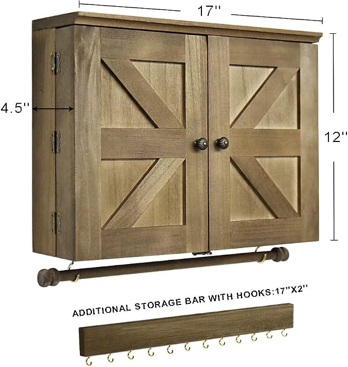 GLANT Rustic Wall Mounted Jewelry Organizer with Wooden Barndoor Decor,Wooden Wall Mount Holder,Jewelry holder for Necklaces, Earings, Bracelets, Ring Holder. Includes matching hook organizer