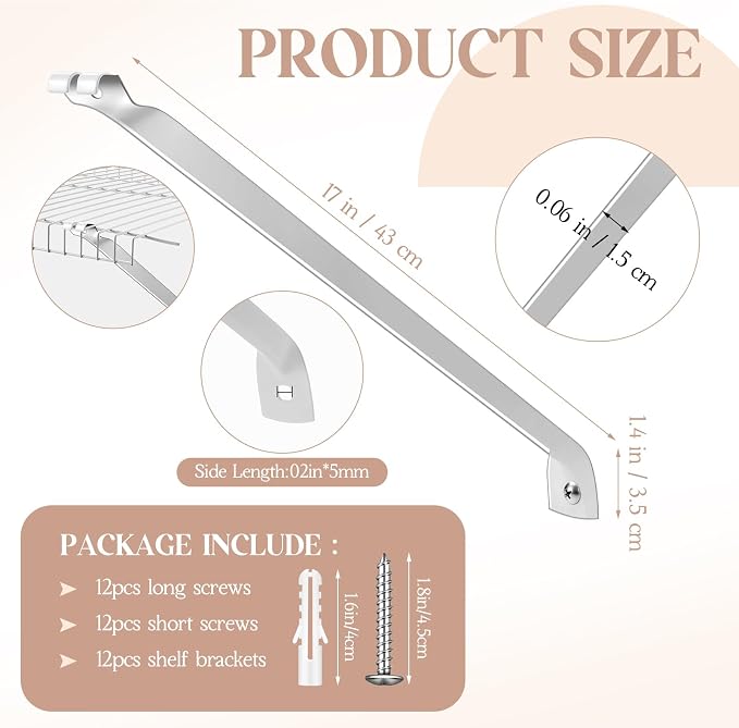 12 Pcs Support Brackets for 12in Wide Shelving Wire Wire Shelf Brackets Closet Rod Bracket Closet Support Bracket with Anchors and Pins for Installation Wires Shelving Supports Closets