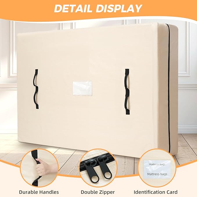 BAGAIL Mattress Bags for Moving, Mattress Covers with Heavy Duty Handles, Reusable Mattress Storage Bag for Moving Supplies(Beige, Full)