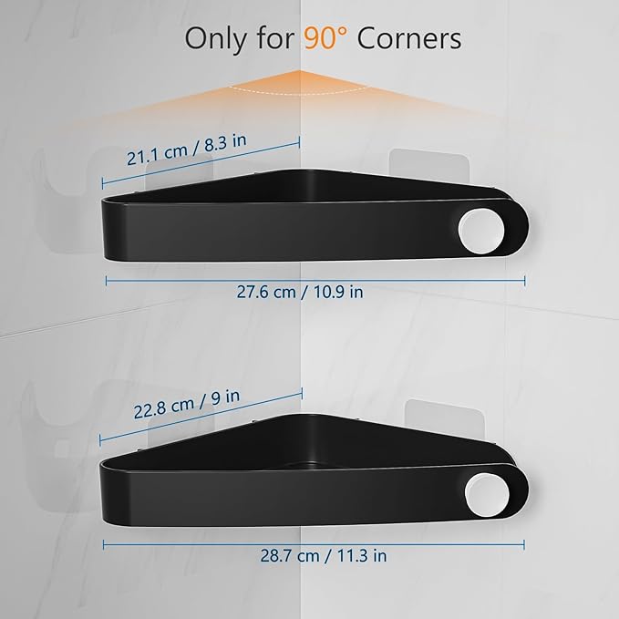 Sotfamily Plastic Shower Caddy Corner (for 90° Only), 2 Pack | Adhesive Corner Shower Shelves for Bathroom Organizers and Storage, Black