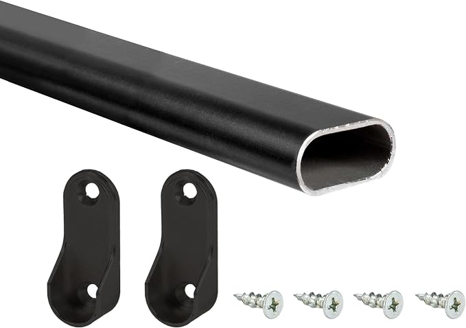 Outwater 48 Inch Black Aluminum Oval Closet Rod Kit, 1-3/16 Inch x 19/32 Inch Profile, Includes Matching Screw Mount Supports and Mounting Screws, Pack of 14