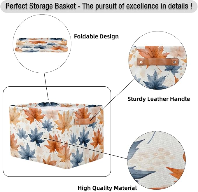 Rectangular Storage Bins Blue Orange Maple Leaves Collapsible Fabric Storage Basket Organizer with Handles for Nursery Bedroom Bathroom