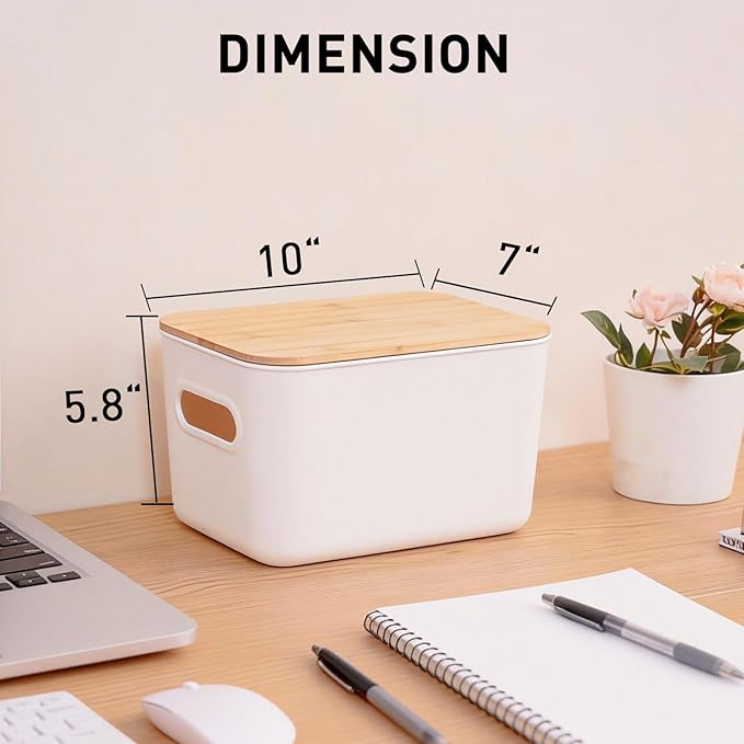 Citylife Storage Bins with Bamboo Lids 7QT Plastic Storage Containers Stackable Organizer Boxes with Handle for Desk Snacks, Toys, 4 PCS, 10" L x 7" W x 5.8" H