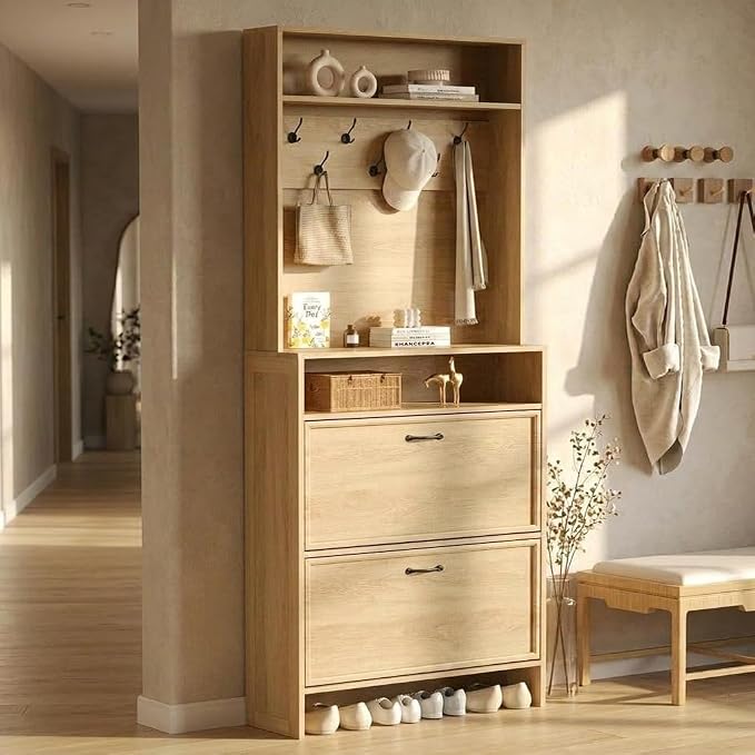 Garvee Shoe Cabinet with 2 Flip Drawers, 2-in-1 Hall Tree Shoe Storage Cabinet with Adjustable Shelf, Hidden Shoes Rack with Anti-Tipping Kit, Freestanding Shoes Rack for Entryway Hallway