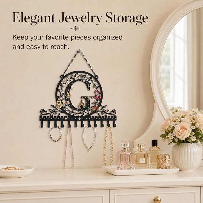 Personalized Wall Mounted Metal Initial Letter G Earring Holder Jewelry Organizer for Earrings and Necklaces Space Saving Wall Display with Hooks Jewelry Storage Bedroom Vanity Gift for Women