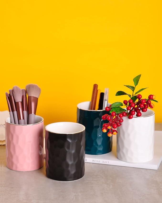 WHJY Ceramic White Pencil Cup, Makeup brushes Holder, Gold Pen Holder for Desk Cute Small Boho Brush Holder, Modern Geometry Design Pen Holder