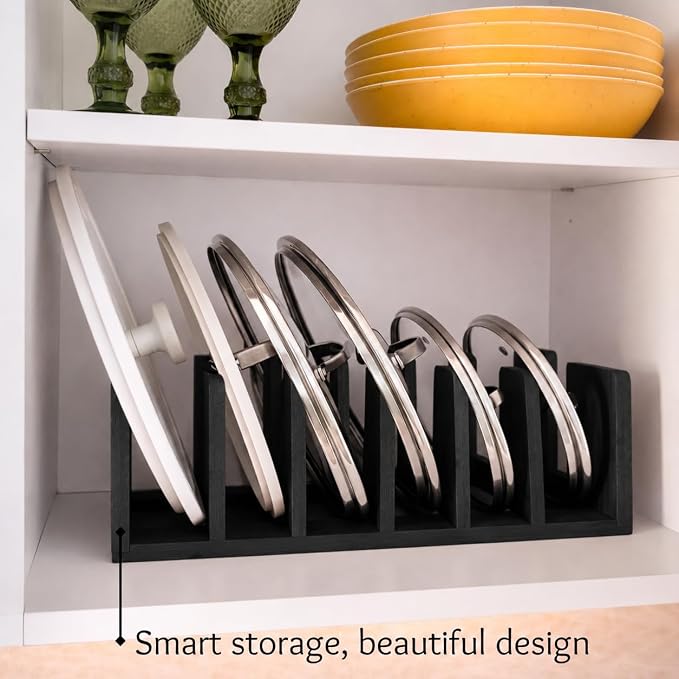 Pot Organizers Inside Cabinet – Pot Lid & Plate Rack for Cabinet, Multi-Use Storage for Lid Organizer Inside Cabinet - Cutting Boards, Baking Sheets & Trays - Fits Under Cabinet or Drawer (Black)