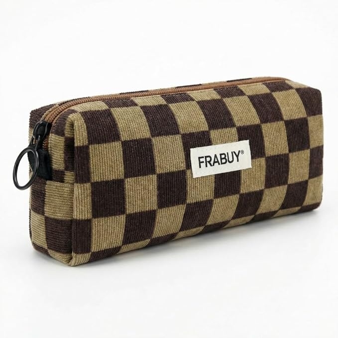 Soft Corduroy Pencil Case Pen Pouch Organizer, Small Stationery Bag | Cute Dark Brown Checkerboard pouch, smooth zipper, daily cosmetics holder, compact organizer for school teen girls, women