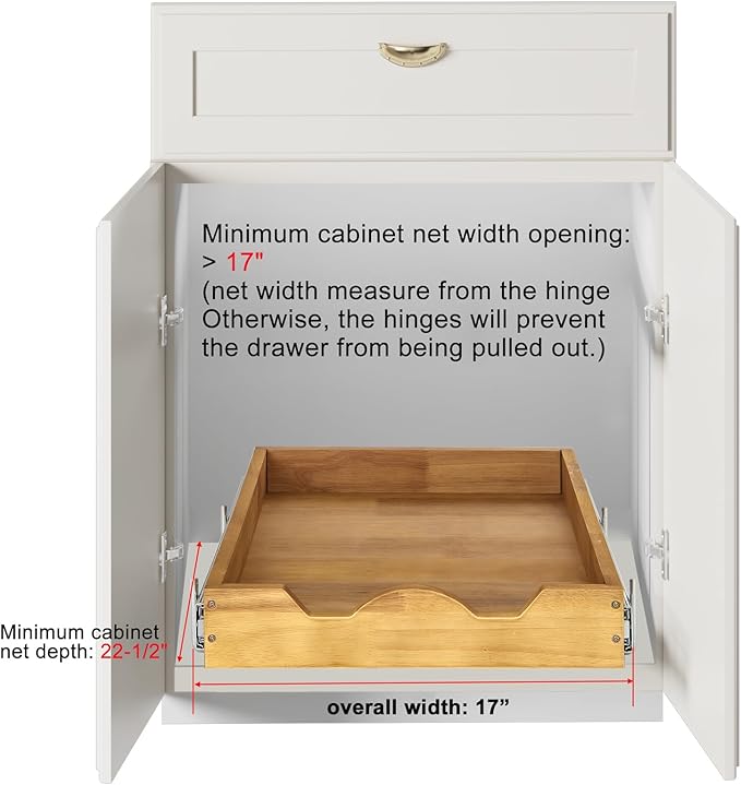 DINDON 1 Tier Pull Out Cabinet Organizer (17"W x 21"D) Single Tier Heavy Duty Slide Out Wood Drawer Under Cabinet Shelf Organization Storage