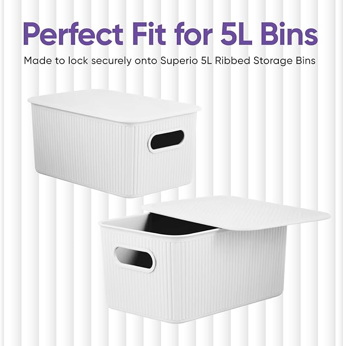 Superio Ribbed Collection - Superio Lid for Decorative Plastic Basket Open Home Storage Bins Organizer Baskets, Medium White - for Organizing Closet Storage Bins for Shelves Drawer Shelf 5 Liter