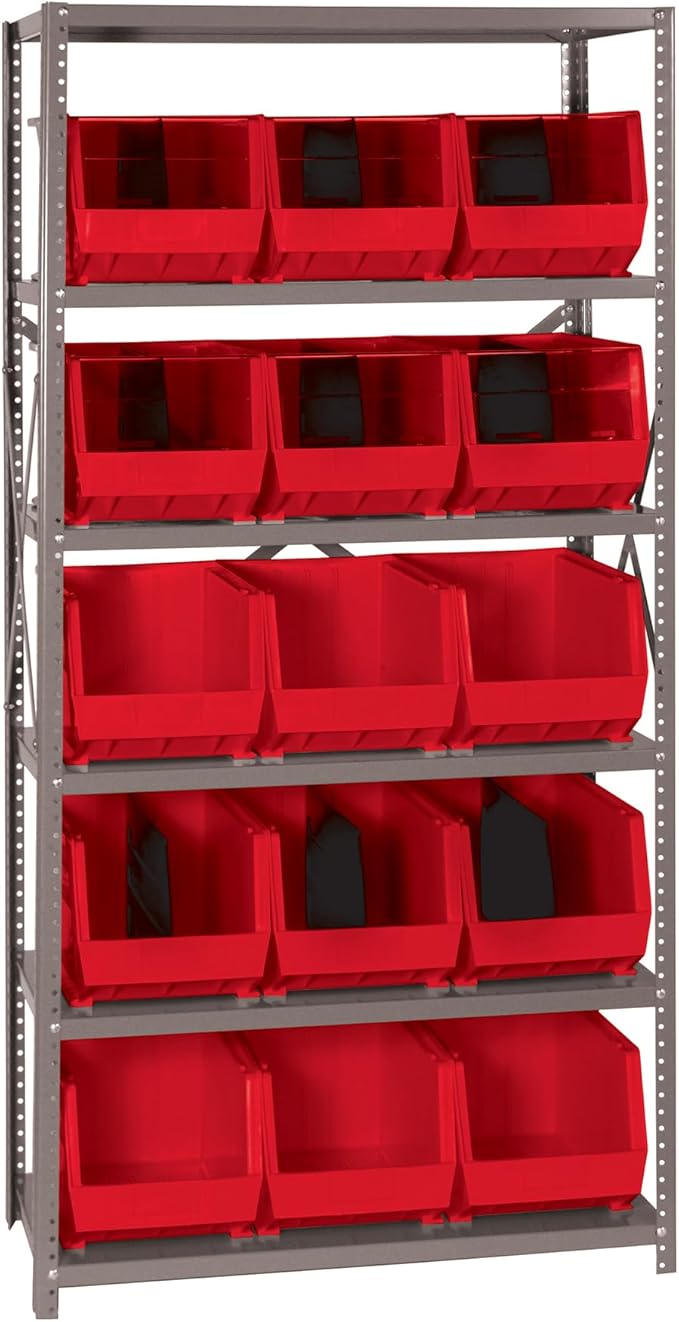 Quantum Storage Systems QSBU-260RD Giant Open Hopper Steel Shelving System, 18" D x 36" W x 75" H, with 6 Shelves and 15 QUS260 Bins, Red