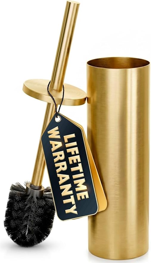 Gold Toilet Brush and Holder Set - Brushed Stainless Steel Gold Toilet Bowl Brush and Holder with Replaceable Head, Removable Inner Bowl, and Splash Protection - Dense Bristles for Thorough Cleaning