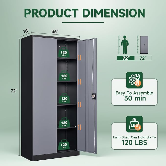 Letaya Metal Garage Storage Cabinets with Lock Door and Adjustable Shelves, Steel Tool Cabinets for Home,Office,Warehouse Organisieren (Black Grey, 72" H)