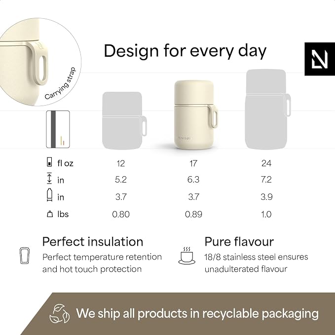 LARS NYSØM Stainless Steel Vacuum Insulated Food Jar - Leakproof Lunch Pot & Lunch Jar for Hot and Cold Food, Wide Mouth, Portable Soup Container for Work & Travel (Almond Beige, 17oz)