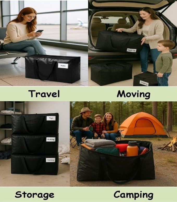 XL Moving Bag – 27"×14"×15.5" (25.4 Gal) Heavy-Duty Collapsible Storage Tote w/Zipper Lid & Tag Pocket — 6-Pack for Moving, College/Dorm, Laundry & Gym