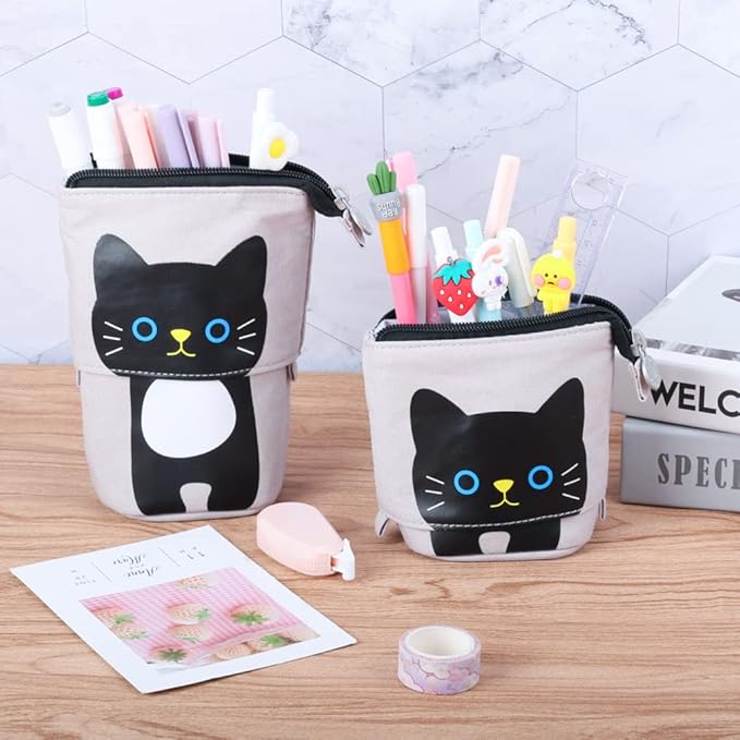 iSuperb Standing Pencil Pouch Pencil Case Cute Cat Telescopic with Zipper Canvas Kwaii Cartoon Pencil Bag Stationery Box for Kids Girls Boys School Supplies 7.5 x 4.9 x 3.0inch/4.1x 3.0inch