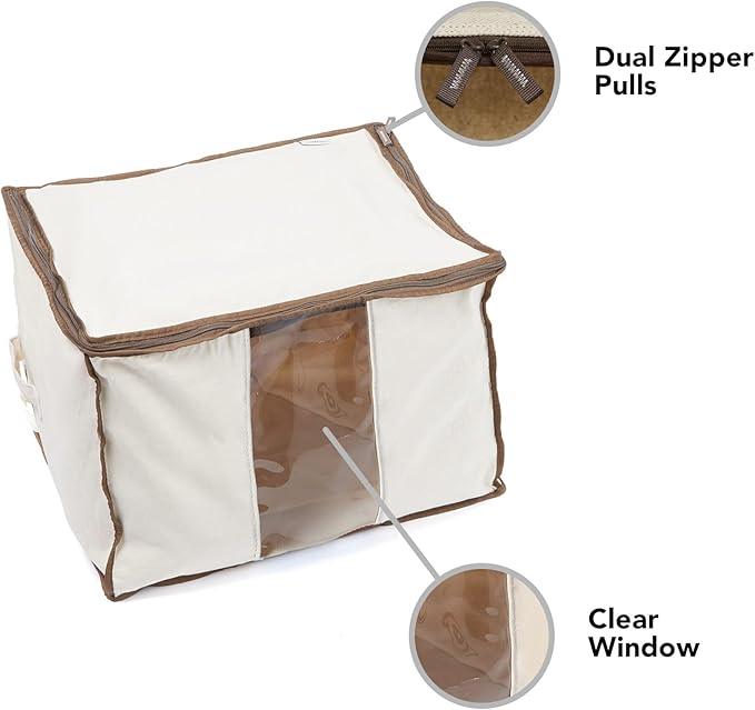 Covermates Canvas Storage Bag for Blankets, Clothes & Décor, 100% Cotton Breathable Fabric, Clear ID Window, Dual Zipper Closure, Carry Handles, Closet Organization, Natural