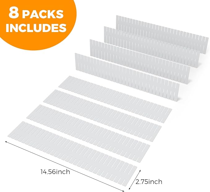 Adjustable Drawer Dividers Organizer for Kitchen, Bedroom, Dresser, Socks, Underwear, Makeup Storage, White (8)