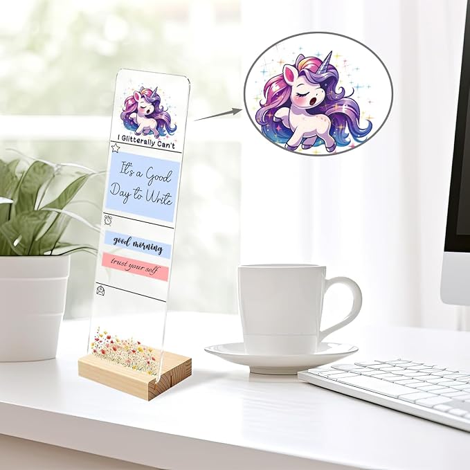 Sticky Note Holder, Monitor Memo Board, Acrylic Post It Note Holder with Wooden Base, Includes 200 Notes, Desk Organizer, Funny Unicorn Quote “I Glitterally Can’t”