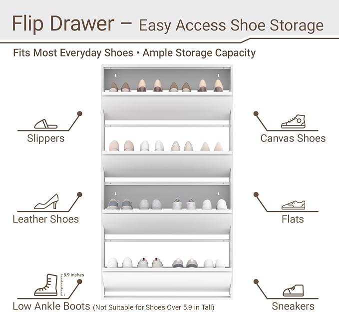 Shoe Cabinet with 4 Flip Drawers, Slim Metal Wall-Mounted Shoe Storage Organizer for Entryway, Hallway, Mudroom, Hidden Narrow Rack, White