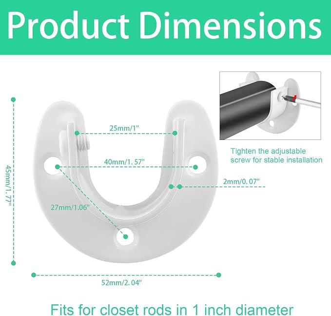 Stainless Steel Closet Rod End Supports, 1 Inch, White, 2 Packs | Wardrobe Bracket, Heavy Duty, U-Shaped with Screws, Closet Pole Sockets Flange Rod Holder