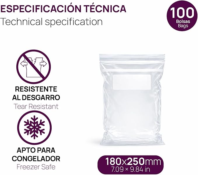 Ofituria Transparent Zip Bags 180 x 250 mm with Airtight Seal, Zip Bags for Food, Snacks, Freezing as well as Kitchen and Travel Organisation - Ofituria (100 Bags)