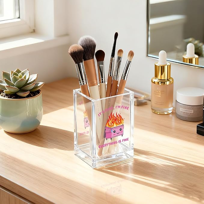 It's Fine I'm Fine Everything Is Acrylic Makeup Brush Pencil Holder Cup, Funny Pink Dumpster Fire Pen Holder Gifts For Friends HR Nurse, Office Gifts for Women Coworker, Pencil Cup for Desk