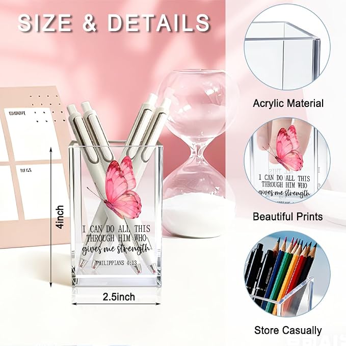 I Can Do All Things Through Christ Acrylic Pencil Pen Holder Cup, Philippians 4:13 Makeup Brush Storage Organizer, Cute Butterfly Desk Accessories Holder, Graduation Gifts for Daughter Niece