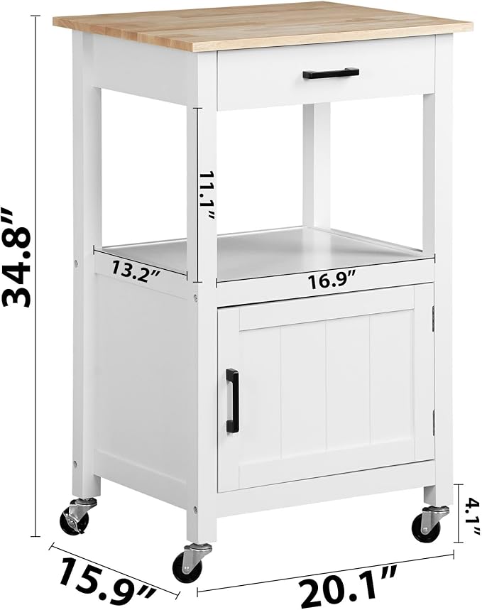 Nova Microdermabrasion Kitchen Island Cart on Wheels, Rolling Kitchen Cart with Single Door Cabinet, Mobile Small Coffee Cart Microwave Oven Cart Serving Cart for Dining Room, White