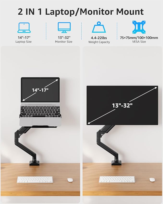 MOUNTUP Laptop Stand for Desk, 2-in-1 Monitor Mount with Laptop Tray Holds 2.2-22lbs, Adjustable Laptops Arm Mount for Max 17" Notebook & 32" Monitor, Laptops Desk Arm with Clamp/Grommet