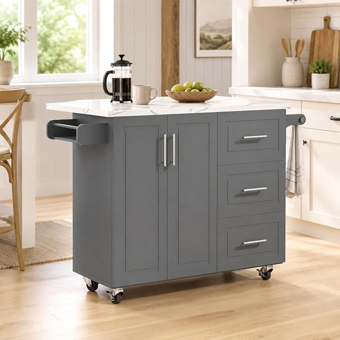 4 EVER WINNER Kitchen Island on Wheels with Storage and Drop Leaf, Faux Marble Texture Tabletop, 43" Kitchen Island Cart with Towel Rack & Spice Rack, Rolling Islands Cart for Kitchen, Gray