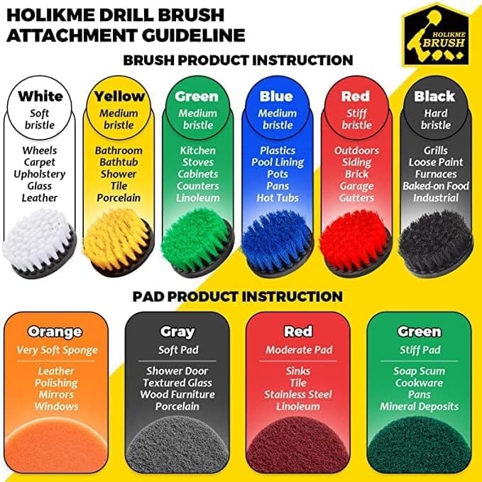 Holikme 40 Piece Drill Brush Attachment Set Scrub Pads Scouring Pads Power Scrubber Brush with Extend Long Attachment All Purpose Clean for Car Detailing，Grout, Tiles, Bathroom, Kitchen | 11 nylon brushes, 20 scouring pads, 5 sponges, 2 wool pads, 4-in...