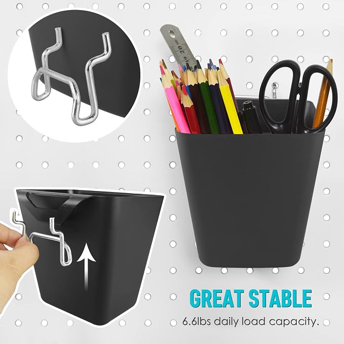Large Pegboard Cups, 6Pack Peg Board Square Storage Bins With Hooks (Black) | Big Open-Mouth Cups, 1/8" 1/4" Pegboard Organizer Accessories, Cup Holder for Craft Garage Workbench Office Tools Supplies