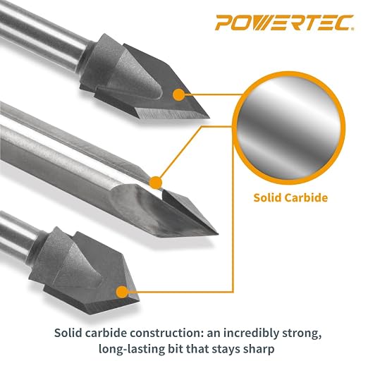 POWERTEC V Groove Router Bits Set, 1/4" Shank, (2) 60-Degree (1/4" & 1/2" Cutting Dia.) & 90-Degree (1/2" Cutting Dia.) Woodworking Router Bits for use on CNC Machine and Router Tool (73031)
