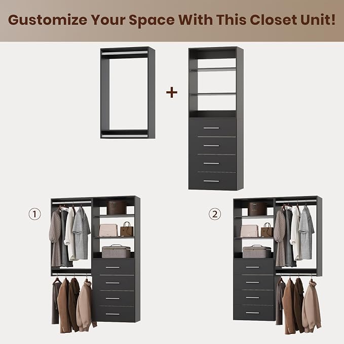 ROOMTEC Modular Closet System, 49" Wall-Mounted Closet Organizer with Drawers and Hanging Rods, Wooden Tower for Walk-In Closets, Wardrobe Storage Kit, Black
