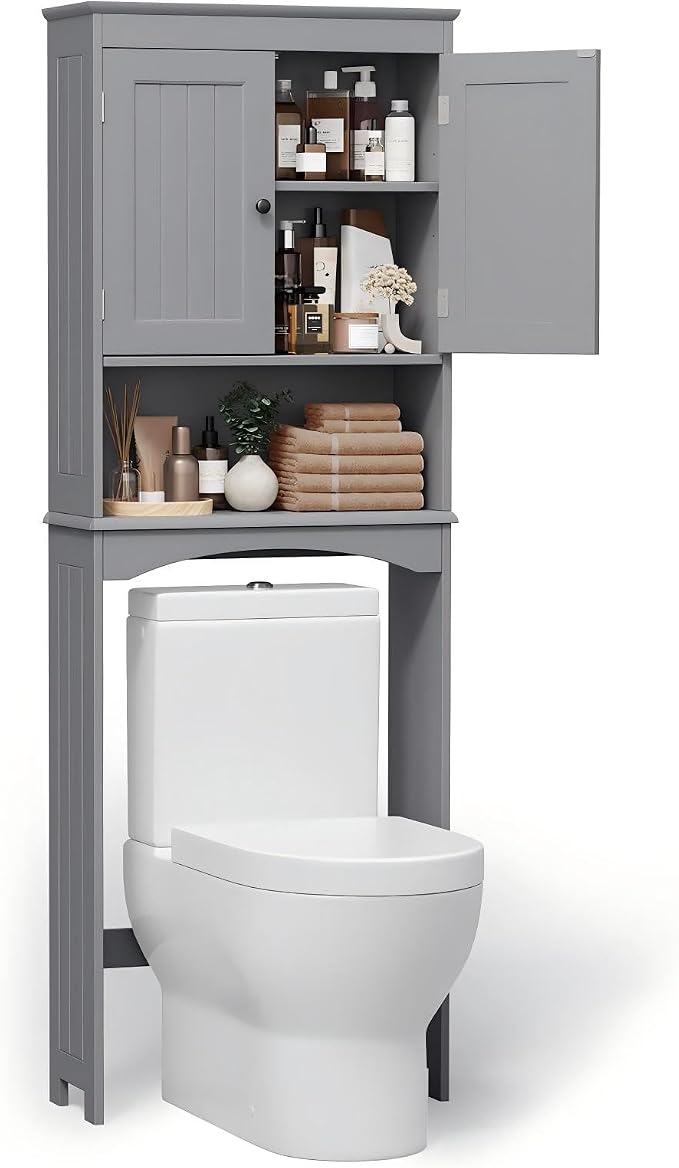 Bealife Over The Toilet Storage Cabinet with Open Shelf - Grey | Over Toilet Bathroom Organizer with Adjustable Shelf and Double Doors, Space Saver Free Standing Storage Shelf for Bathroom