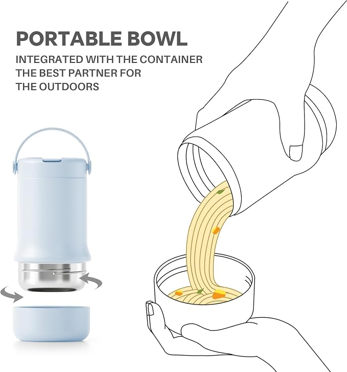 Ideus Soup Thermo with Foldable Spoon and Bowl 20oz, All-in-one Insulated Bento Lunchbox Stainless Steel Leakproof Portable Soup Container Vacuum Thermal Food Jar for Lunch (Light Blue)