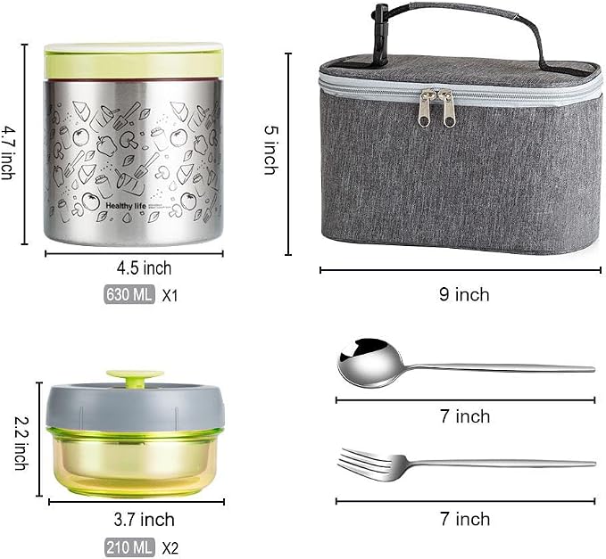 Lille Home Stainless Steel Thermal Lunch Box Set with Lunch Bag and Cultery | 22 Oz Vacuum Insulated Lunch Bento Box, to Keep Food Warm/Cool, 2 Small Food Container for Snack, Fruits and Sauces (Green)