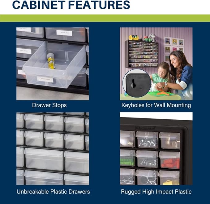 Akro-Mils 44-Drawer Plastic Drawer Storage Cabinet for Garage Organization, Bead Organizer, Building Bricks Storage, Teacher Toolbox, Makeup Organizer, 20-Inch W x 6-Inch D x 16-Inch H, 10144 Red